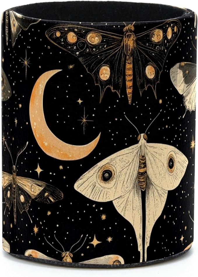 Leather Pen Holder for Desk, Butterflies Moth Moon Pencil Cup Desktop Organizer Makeup Brush Holders Office Supplies for Home, Kids & School