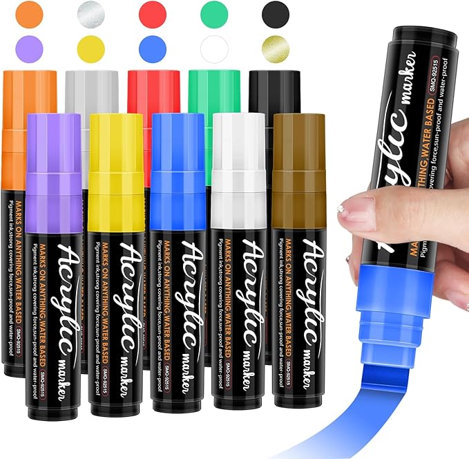 Jesew Acrylic Paint Markers, 10 Jumbo Colored Markers, 15mm Jumbo Felt Tip, Waterproof and Permanent Ink Paint Pens for Rock Painting, Stone, Ceramic, Glass, Wood, Canvas, Outdoor Paintings,Signs