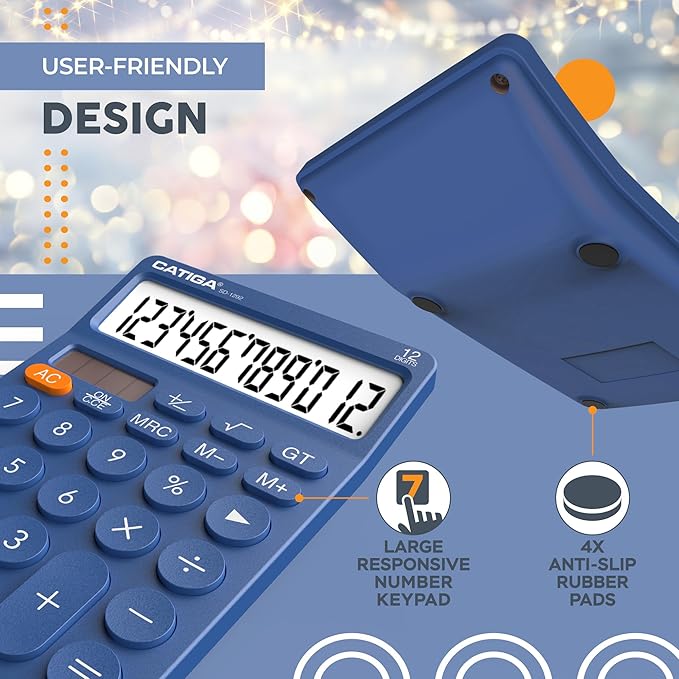 CATIGA 12 Digit Desktop Calculator Basic Desk Calculator with Large LCD Display, Big Buttons, 4 Function, Solar and Battery Dual Power, for Office, School, Home, SD-1292 Navy Blue
