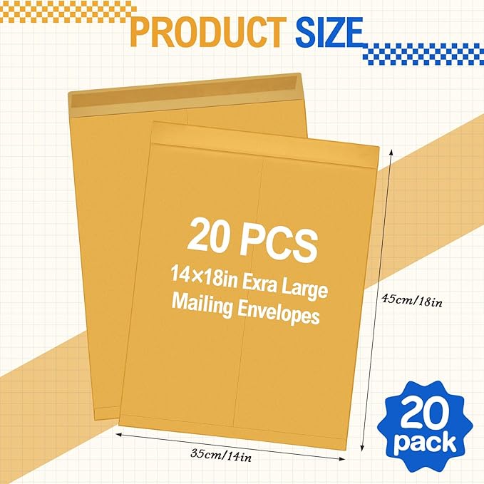 Motipuns 20 Pcs 14" x 18" Extra Large Mailing Envelopes 32lb with Gummed Flaps, Catalog Jumbo Craft Envelopes for Mailing, Storage and Organizing Documents Office Supplies(Yellow)