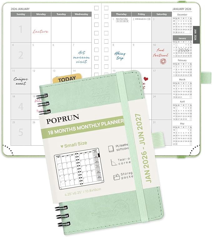 POPRUN Pocket Monthly Planner 2026-2027 (Small Size 4.25" x 6.25") 18 Months Calendar Book(Jan 2026 - Jun 2027) - 4 Pages per Month with Expense & Notes, Leather Cover, Sunday Starts - Green