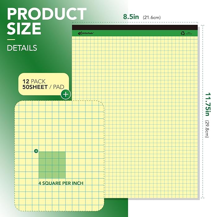 KAISA Graph Paper Legal Pads Writing Pads Recycled Paper 8.5"x11.75" Quad Ruled 4x4 Perforated 50 sheets/pad Grid Paper Yellow Notepads Writing Tablet For Office Supplies (Canary 6pad, 8.5x11.75'')