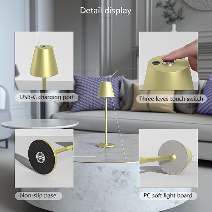 Timjorman 1-Pack Cordless Table Lamps - 4000mAh Rechargeable Battery Operated Desk Lamp, 3-Level Dimmable LED Night Light for Bedroom, Dining, Restaurant - Metal Design (Champagne Gold-1Pack)