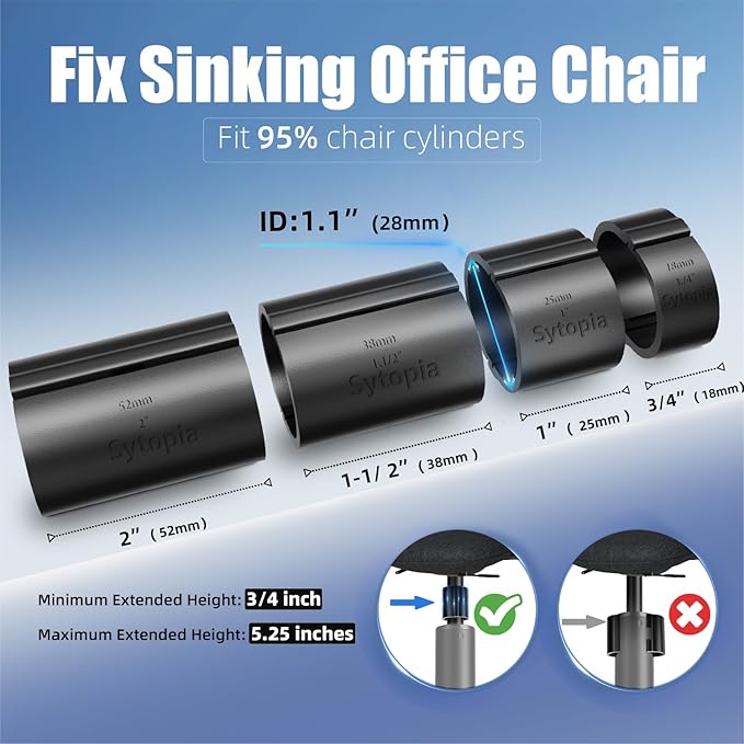 Office Chair Cylinder Replacement - Sytopia Fix Sinking Office Chairs, 4 Pieces Clamps for Height Extenders, up to 5 Inches, Stop Cylinder from Sinking, No Tools required, Fit for 95% Swivel Piston
