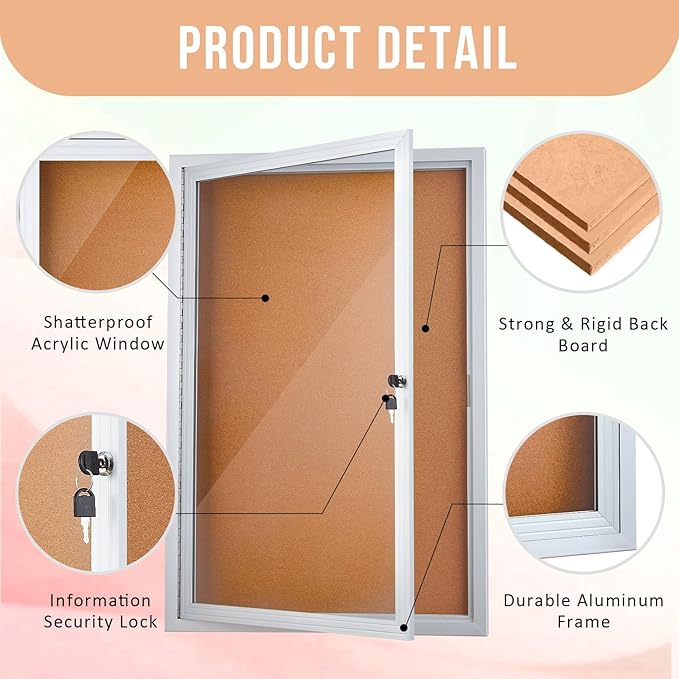 Homezelle Enclosed Cork Bulletin Board 36"x24" Outdoor Weatherproof Cork Noticeboard with Locking Door Wall-Mounted Silver Aluminium Frame for Home, School, Office, Community, Hospital