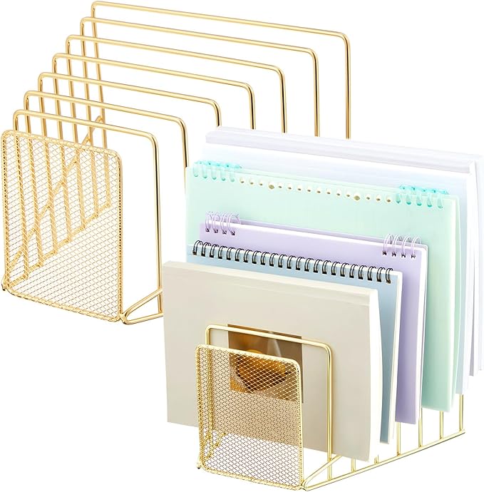 2 Pcs 7 Section Incline File Sorter Metal Wire Mesh File Rack for Desktop Letter Sorter for Magazine Folder Book Organizer Home Office School Paper Mail Desk Storage Holder (Golden)