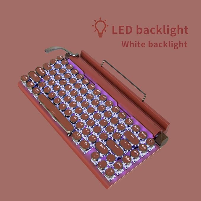 Adventurers Retro Typewriter-Style Mechanical Keyboard, 83 Keys, 75% Compact Layout, Bluetooth 5.0 and Wired, Hot-Swappable Blue Switch, White Backlit for Windows/Mac/iPad/PC/Laptop (Rosewood Red)