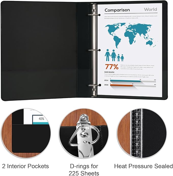 Comix Sturdy 3-Ring-Binder 1-inch D Ring Binders, 2.4mm-Thick, Hold 225 Sheets of 8.5" x 11" Paper, 8 Pack (Black)