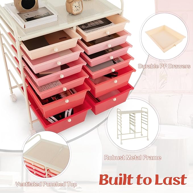LDAILY 12 Drawer Rolling Storage Cart, Craft Cart Organizer on Wheels w/Metal Frame, Large Capacity & Smooth Drawer, Rolling Cart w/Drawers for Classroom, Office