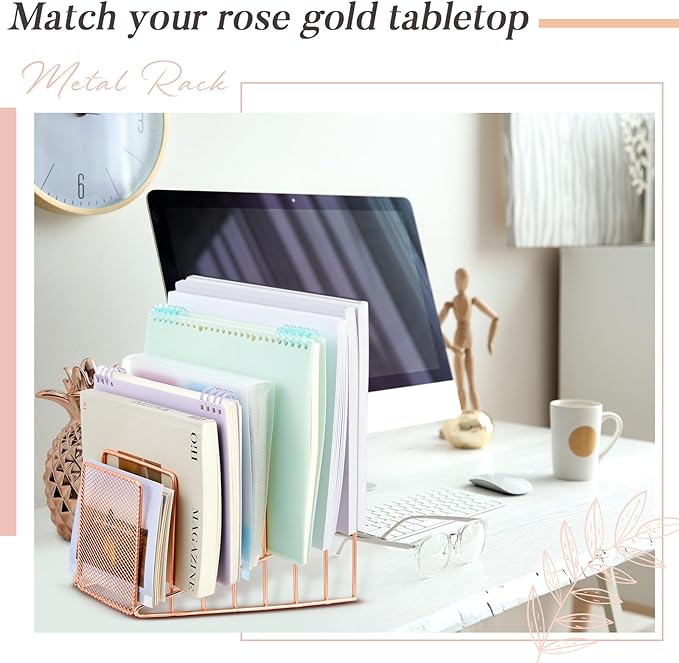 2 Pcs 7 Section Incline File Sorter Metal Wire Mesh File Rack for Desktop Letter Sorter for Magazine Folder Book Organizer Home Office School Paper Mail Desk Storage Holder (Rose Gold)