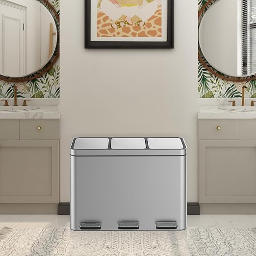 OUTLANE 45L Triple Compartment Stainless Steel Recycling Bin, Step Pedal, Soft Close Lid, Removable Liners, Smudge Resistant, Kitchen/Office Waste Sorter, 37.6x63x46.8cm