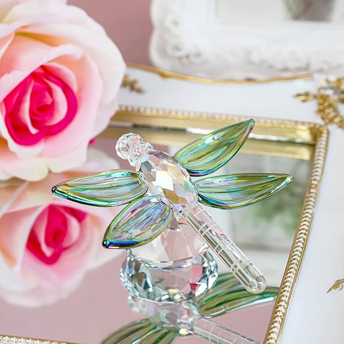 H&D HYALINE & DORA Crystal Dragonfly Animal Figurine Gift,Diamond Decor Christmas Wedding Party Home Collectible Paperweight,Green