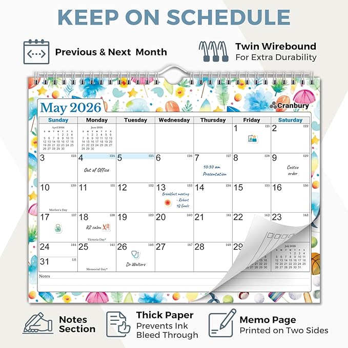 Cranbury 2026 Wall Calendar 12 Month, 8.5x11 Small Calendar for Wall or Desk, Thick Paper, Bonus Stickers and Note Sections, Monthly Seasonal Design, 2026 Planner 8x11