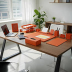 RitPin Luxury Executive Leather Desk Organizer Set – 11-Piece Office Desk Accessories with Desk Pad, Letter Tray, Phone Stand, Pen Holder & Coasters – Professional Office Desk Decor & Gift (Orange)