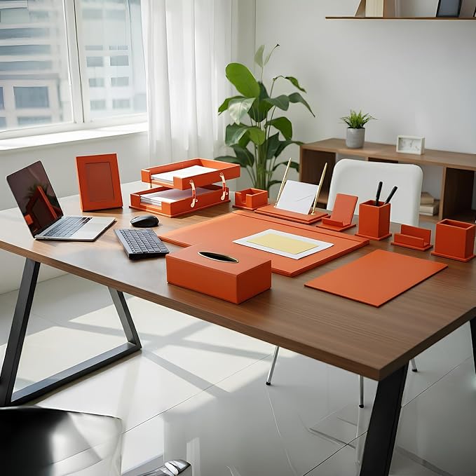 RitPin Luxury Executive Leather Desk Organizer Set – 11-Piece Office Desk Accessories with Desk Pad, Letter Tray, Phone Stand, Pen Holder & Coasters – Professional Office Desk Decor & Gift (Orange)