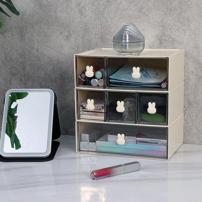 OSteed Desktop Drawers, Desk Organizer with 6 Drawers & Bunny Handles, Stackable Craft Storage Box for Home Collection, Cosmetics, Office Supplies (3 Tiers, Cream & Clear)