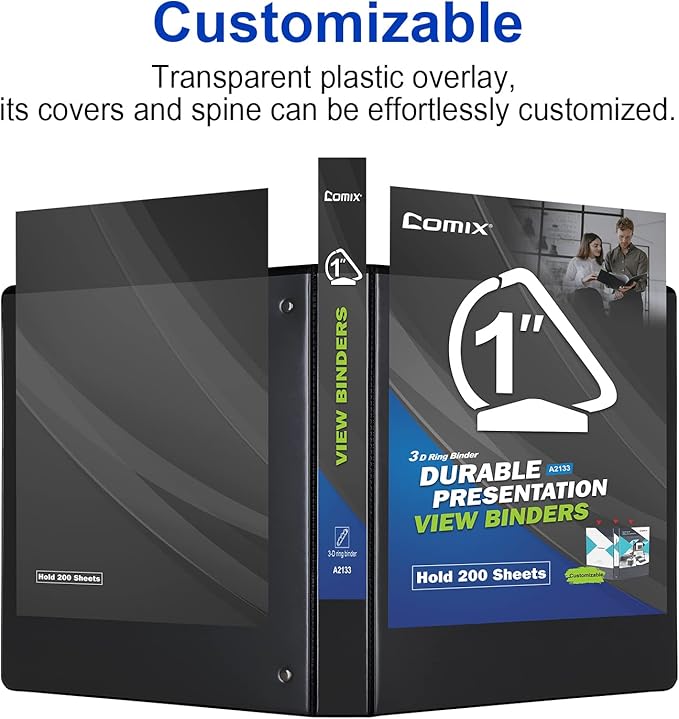 Comix Sturdy 3-Ring-Binder 1-inch D Ring Binders, 2.4mm-Thick, Hold 225 Sheets of 8.5" x 11" Paper, 8 Pack (Black)