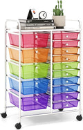 LDAILY 15 Drawer Rolling Storage Cart, Rolling Cart with Drawers for Classroom, Art Supply Craft Organizer on Wheel with Metal Frame & Handles for Home Office School