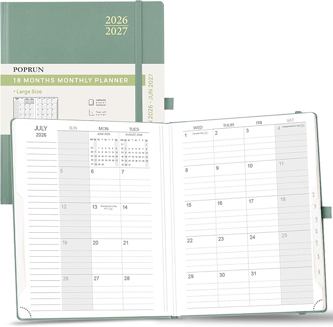 POPRUN Monthly Planner 2026-2027, Large-8'' x 10'', 18-Month Calendar Book (Jan.26 - Jun.27), Calendar Planner with Monthly Tabs, Storage Pocket, Hardcover, 100 GSM Paper - Midnight Green
