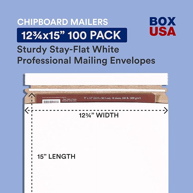 BOX USA StayFlat Envelope 12.75"L x 15"W 100-Pack for Keeping Photos, Documents & Artwork Protected During Mailing and Shipping