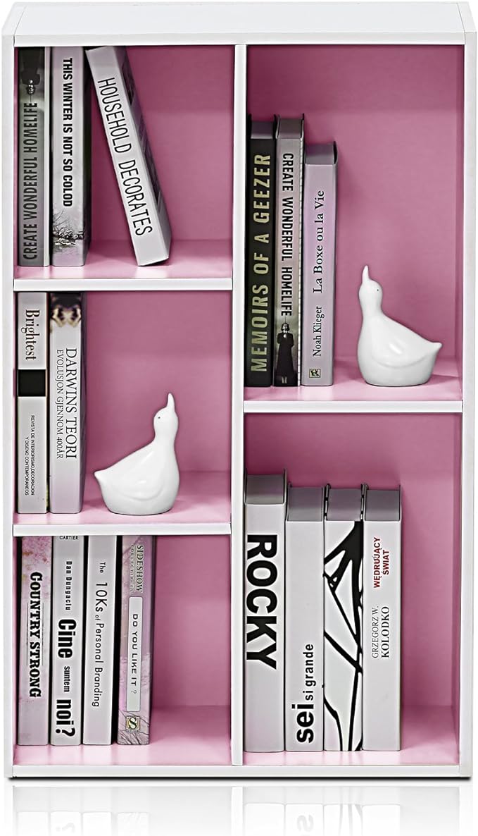 Furinno LUDER Book Shelf, 5-Cube Bookshelf, Reversible Bookcase, 9.4 x 19.5 x 31.5, for Living Room, Bedroom, Home Office, White/Pink