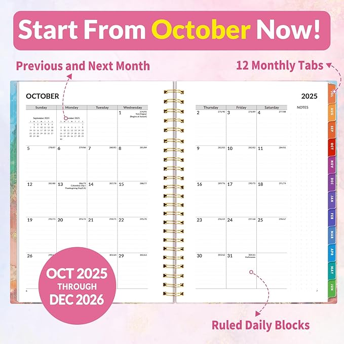 SUNEE 2026 Weekly and Monthly Planner - from January 2026 - December 2026, Daily Agenda Planner with Monthly Tab, Flexible Cover, Note Pages, Pockets, Bookmark, Spiral Binding, Marble, 6.4" x 8.3"