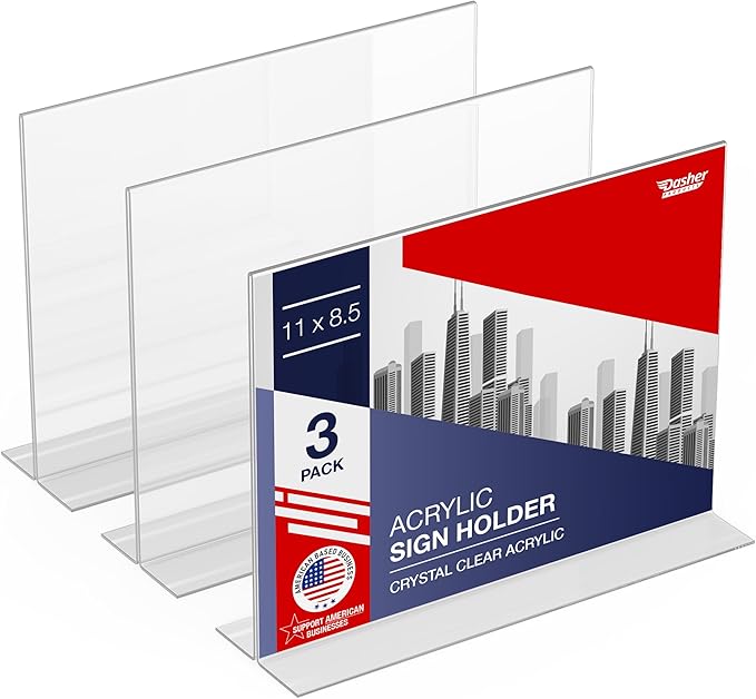 Acrylic Sign Holder 11 x 8.5 - Acrylic T Shape Table Top Display Stand, 3 Pack, Double Sided, Bottom Load, Landscape Style Menu Ad Frame. Perfect for Restaurants, Promotions, Photo Frames, Classroom