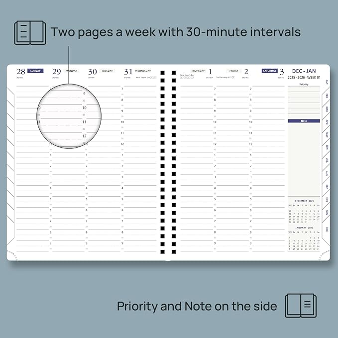 POPRUN 2026 Weekly Planner 30-Mintue (Medium 7'' x 8.5'') - From Jan 2026 to Dec 2026 - Two Pages Per Week Appointment Book with Monthly Tabs, Softcover, Inner Pocket, Pen Holder - Black