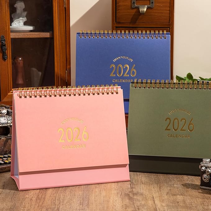 Small Desk Calendar 2026-2027, Standing Flip Desktop Calendar from January 2026 to June 2027 - Metal Ring Twin-Wire Binding Monthly Desktop Calendar for Home Office School (Pink)