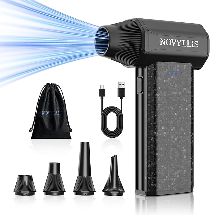 Novyllis Cordless Compressed Air Duster, 150000RPM Super Power Electric Air Duster, 3-Gear Adjustable Mini Air Blower for Computer, Keyboard, Outdoor, House and Car Cleaning