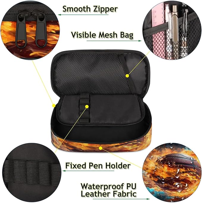 Pardick Pencil Case，Basketball Fire Big Capacity Pencil Pouch Coin Pouch Stationery Organizer For Teen School