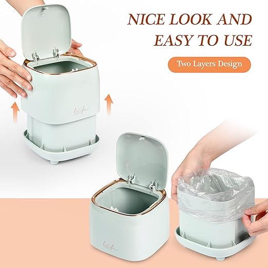 Daphilly Mini Countertop Trash Can with 12 Rolls of Trash Bags, Desk Trash Can Tiny Trash Can with Press Type Lid, light blue