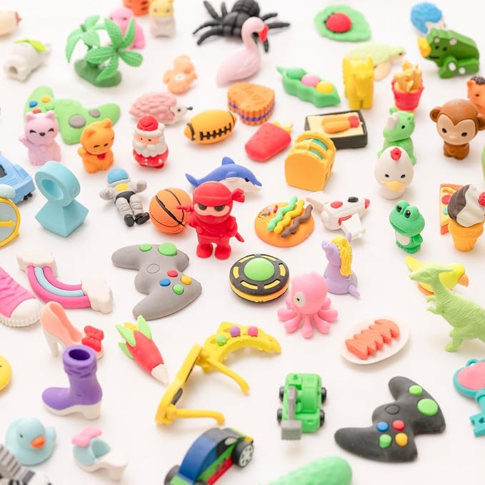 CLOCK KING 132pcs 3D Cute Kids Erasers, Random Desktop Pet Toys Gifts, Classroom Rewards Kids Party Gifts, Various Styles Such as Animals, Food, Plants, Space, Princess, Sports, Halloween, Christmas