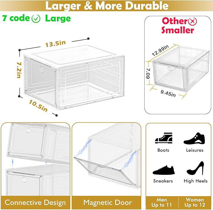 Thickened Clear Shoe Storage Organizer with Magnetic Door, Sturdy Stackable Shoe Boxes for Closet, Collapsible Space-Saving Shoe Rack for Sneakers & Boots, Plastic Shoe Cabinet Box Set, 6 Pack, White