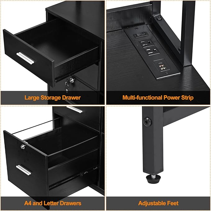 Livofloral File Cabinet with Charging Station, 3 Drawer Filing Cabinet with Bookshelf, Large Printer Stand with Open Storage Shelves for Home Office, Locking File Cabinets Fits Letter/A4 Size, Black