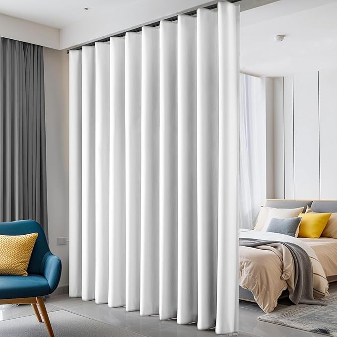 Hoeflife Room Divider Curtains Blackout Floor to Ceiling Curtain with Hook Wall Mount Sliding Door Curtains Ceiling Mount Extra Wide Curtain Wall Divider for Room Separation(Greyish Whitei,W150xH96In)