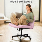 PUKAMI Criss Cross Chair with Wheels,Fabric Padded Armless Cross Legged Office Desk Chair for Home Office,Modern Swivel Height Adjustable Wide Seat Computer Task Vanity Chair(Pink)