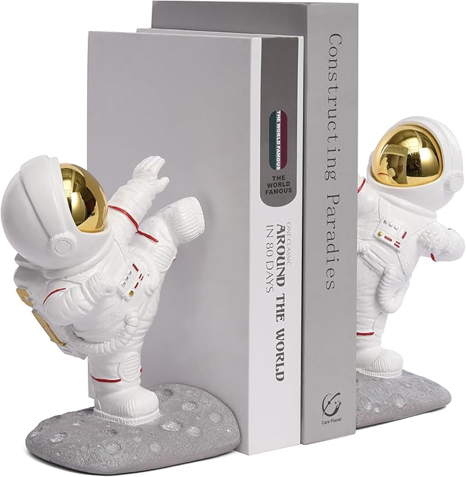 Kakizzy Book Ends for Shelves Decorative, Upgraded Astronaut Bookshelf Stopper Resin Book Shelf End Holders Heavy Duty Bookends for Kids Gifts Cute Spaceman Book Ends for Space Decor(F2-Gold)