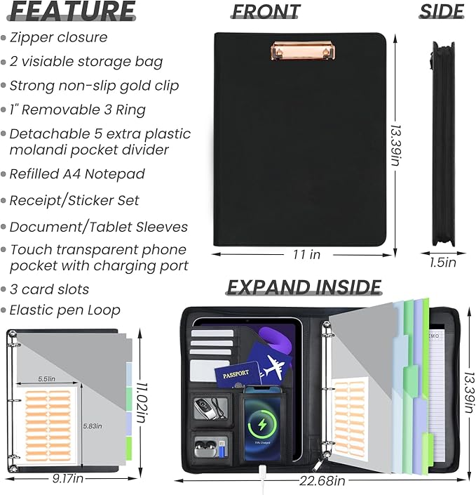 KLLVE Clipboard with Storage for Men Women, Leather Padfolio Portfolio with Zipper, 1 Inch 3 Ring Binder 5 Dividers, Notepad for Letter Size, Elastic Closure and Pen Loop, Card Slot Black