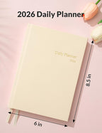 SUNEE 2026 Daily Planner A5 Hardcover – Hourly Schedule Organizer with Monthly Tabs & Task Tracker – Beige Cover Time Management Notebook for Work, School, Personal Goals