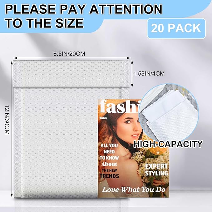 Ireer 20 Pack Extra Large Bubble Mailers 8.5 x 12" Poly Padded Envelopes Cushioned Mailing Envelopes Bubble Padded Mailers Self Adhesive Waterproof Shipping Bags for Business Gift Packaging
