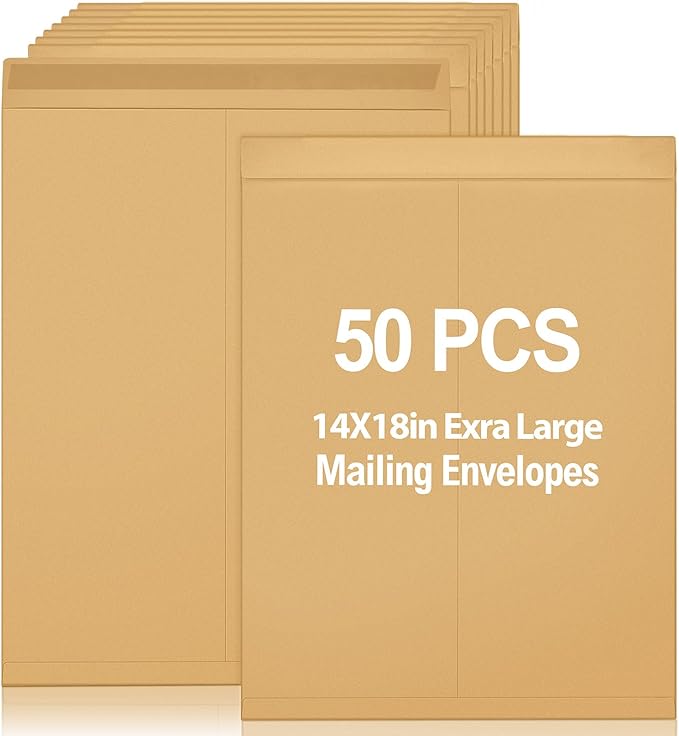 Motipuns 50 Pcs 14'' x 18'' Extra Large Mailing Envelopes 32lb with Gummed Flaps, Catalog Jumbo Craft Envelopes for Mailing, Storage and Organizing Documents Office Supplies(Kraft)
