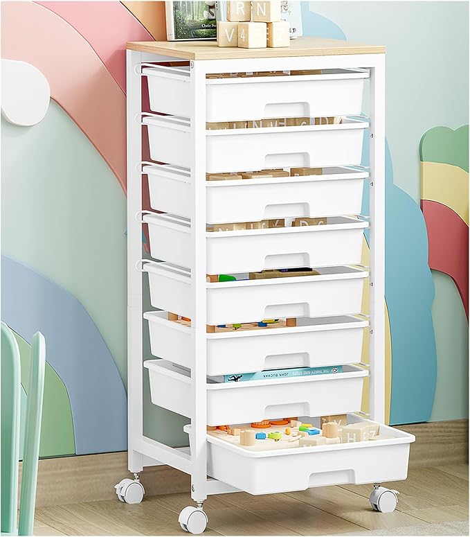 SYKIARIOL Rolling Cart with Drawers,8 Drawer Rolling Cart,Rolling Drawer Cart,Rolling Storage Drawer Cart,White Rolling Cart,Utility Cart with Drawers and Wooden Tabletop
