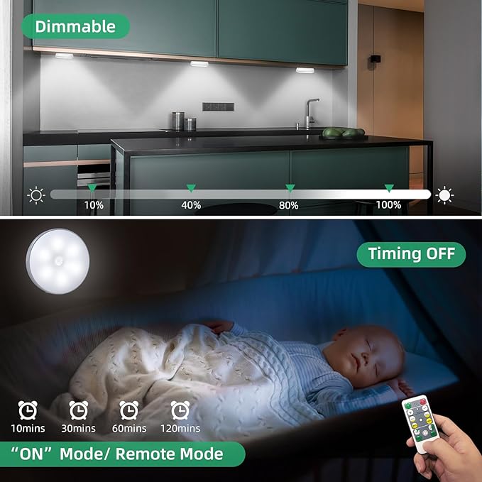 LED Closet Lights Motion Sensor Puck Light, Rechargeable Step Puck Lights,Dimmable Under Cabinet Indoor Lighting Magnet Stick-on Light for Counter Kitchen Wardrobe(6 Pack)
