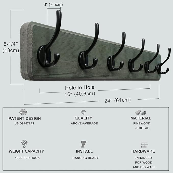 Dseap Coat Rack Wall: 24" Long, Patented, Heavy-Duty, 6-Double-Hooks Wooden Wall Mounted Coat Rack Coat Hanger Hook Rail for Winter Coats Hat Jacket Clothing, Weathered Green