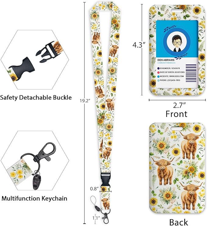 Giancomics Highland Cow Lanyards for Id Badges, Sunflower ID Badge Holder with Retractable Reel, Teacher Lanyard with Keychain Key Clip Carabiner Name Tag Card Holder Protector Office Women Gift