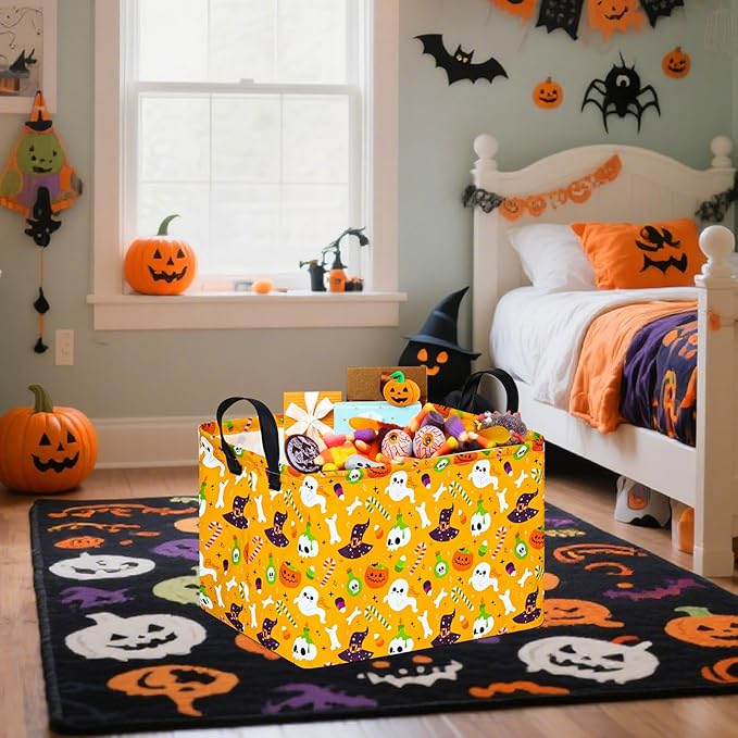 FUULOXE Halloween Empty Storage Basket with Handles Open Gifts&Candy Spooky Basket stuffers for Kids Baby Collapsible Women Organizer Bins Toys Boxes for Shelves Home Office