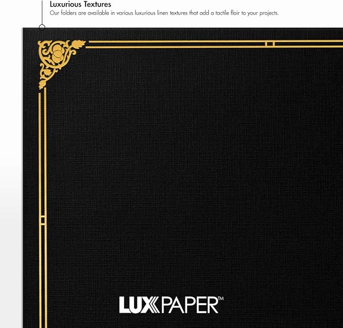 LUXPaper 9.5" x 12" Certificate Holders | Black Linen | Embossed Gold Foil Floral Border | 100lb. Cover | 250 Qty