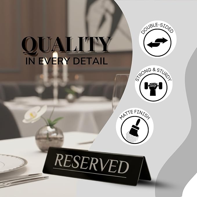 6 Reserved Table Signs – Black Stainless Steel with Silver Mirror Lettering | Elegant, Durable & Reusable Reserved Signs for Wedding Receptions & Restaurants | Wedding Accessories & Restaurant Supplies by Adaptic Group®