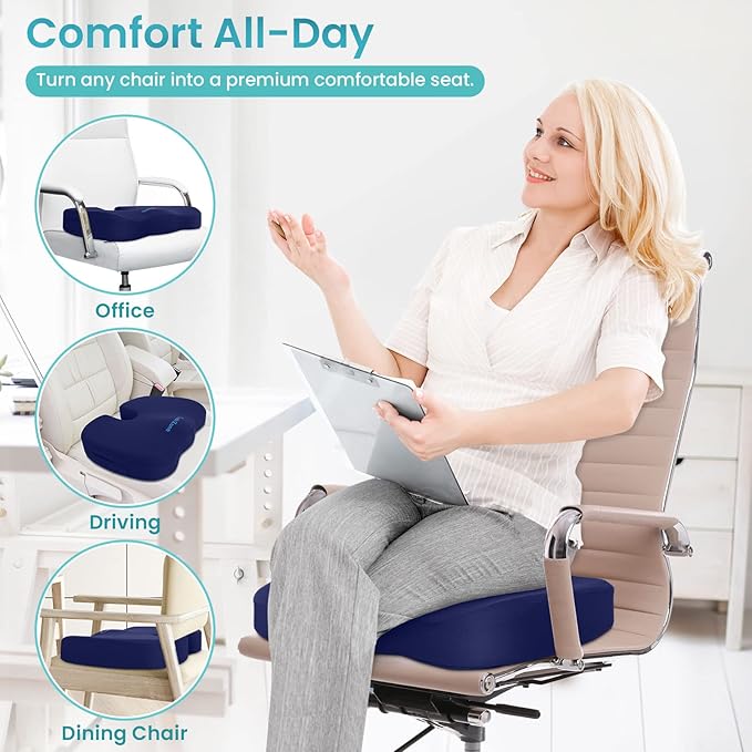 Office Chair Seat Cushion, Cooling Gel Enhanced Memory Foam Cushion for Long Sitting - Back, Sciatica, Coccyx, Tailbone Pain Relief Pillow - for Office, Gaming, Car, Wheelchair - Blue, Large